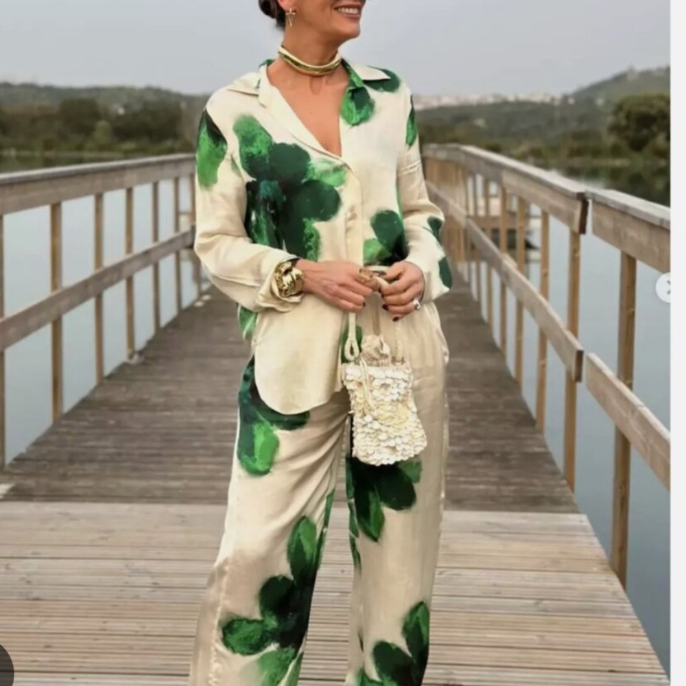 Zara Elegant Cream and Green Floral Wide Legged Pants